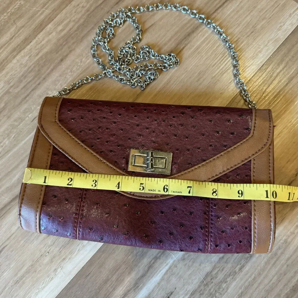 Apt. 9 Clutch Ostrich Embossed Burgundy Tan Vegan Leather Silver Chain Bag Y2K